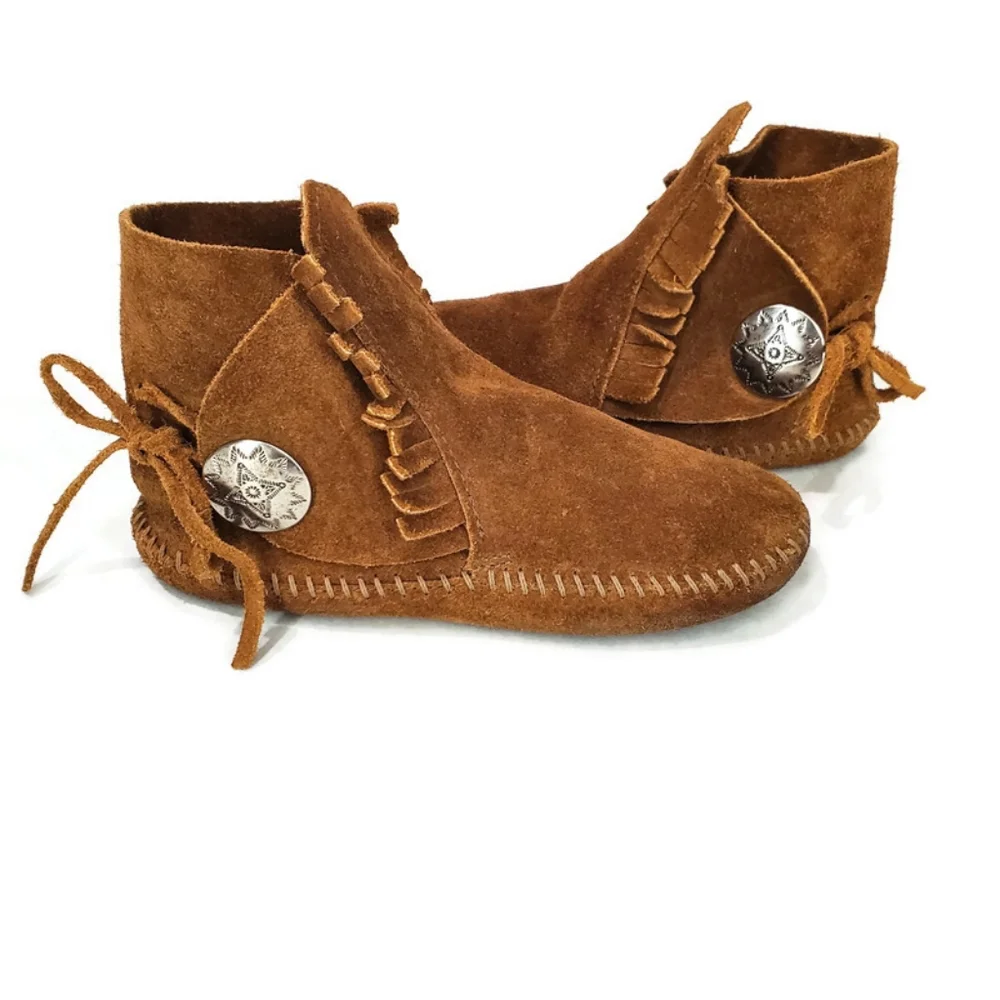 Minnetonka Kids' Concho Fringe Soft Sole Suede Leather Moccasins SZ 12 Western